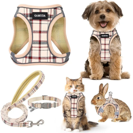 Adjustable Soft Mesh Dog Harness And Leash Set Reflective Plaid